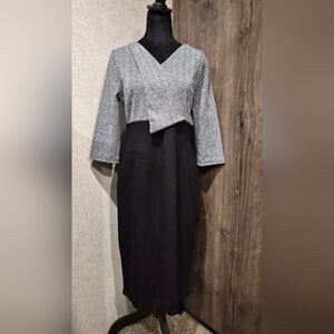 Two-Tone V-Neck Midi Dress in Gray and Black